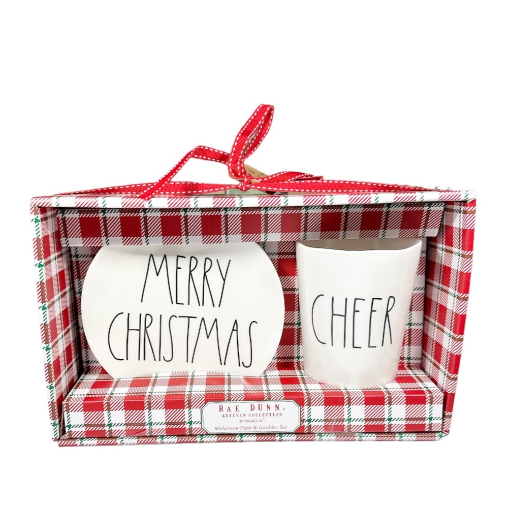 NEW Rae Dunn MERRY CHRISTMAS/CHEER Melamine Plate & Tumbler Set